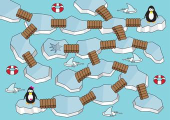 Iceland maze game for kids Num.05 Penguin rescue girlfriend labyrinth with shark.Vector puzzle illustration colorbook background - 142127869