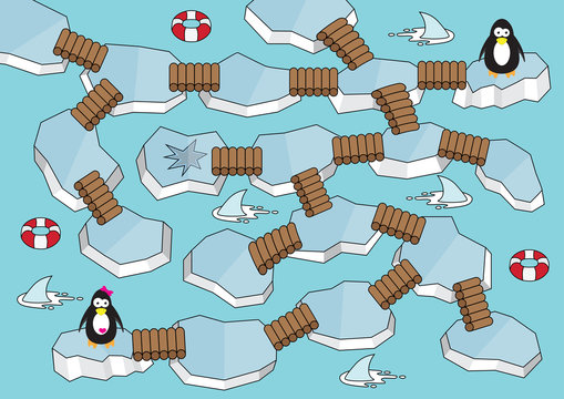 Iceland maze game for kids Num.05 Penguin rescue girlfriend labyrinth with shark.Vector puzzle illustration colorbook background
