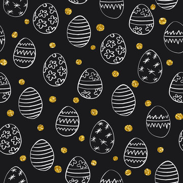 Seamless pattern with Easter hand drawn eggs and golden tinse on black background. Vector illustration.