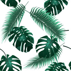 Fototapeta na wymiar Tropical palm leaves. Jungle thickets. Seamless floral wallpaper background. illustration