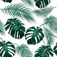 Fototapeta na wymiar Tropical palm leaves. Jungle thickets. Seamless floral background. Isolated on white. illustration