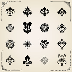 Vintage set of classic elements. Different elements for decoration and design frames, cards, menus, backgrounds and monograms. Collection of floral ornaments