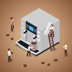 Miniature People Making Coffee with Espresso Machine. Vector flat 3d isometric illustration