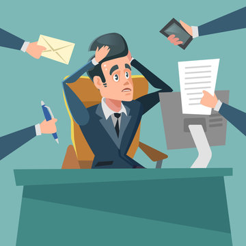 Shocked Multitasking Businessman. Stress at Work. Vector cartoon illustration