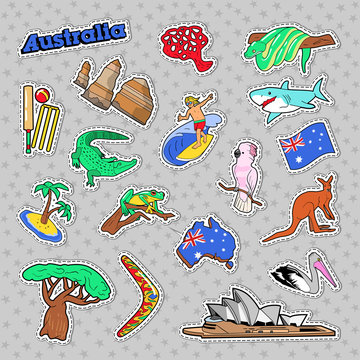 Australia Travel Elements with Architecture and Animals. Vector Doodle