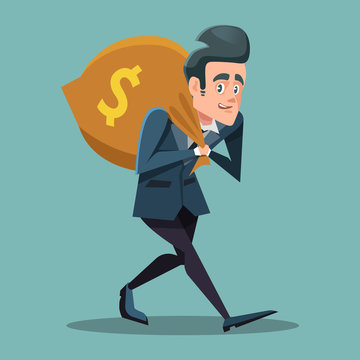 Businessman Cartoon with Money Bag. Vector illustration