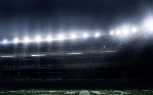 empty american football stadium 3D in lights at night render