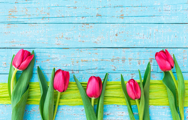 Tulpen rot Frühling Karte Ostern Holz Hintergrund blau mit Textfreiraum