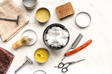 barbershop for men with tools on white background top view