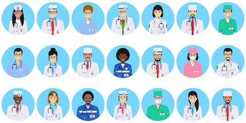 Medical concept. Different doctors, nurses characters avatars icons set in flat style isolated on blue background. Differences medical persons smiling faces. Vector illustration.
