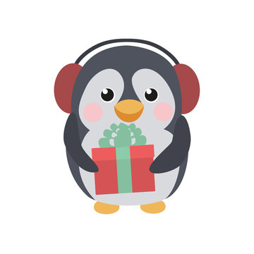 Cute penguin with a gift and earflaps