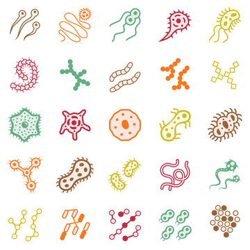 Set of bacteria virus and germ icons. Icons of harmful bacteria, fungus, microbe and other vermin. Vector illustration.