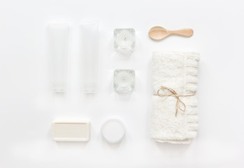 cosmetic set in body care consept on white table background top view