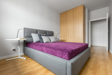 Bedroom with big grey bed