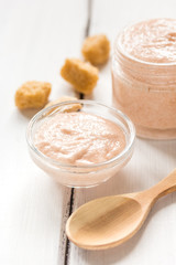 cosmetic for women with body scrub on desk background