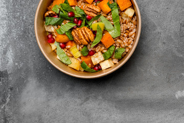Vegetarian salad granola with ingredients, close up top view. Overhead horizontal photo. Organic health vegetarian recipe. 