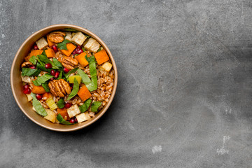 Vegetarian food with ingredients, close up top view. Overhead horizontal photo. Organic health vegetarian recipe. 