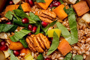 Vegetarian food with ingredients, close up top view. Overhead horizontal photo. Organic health vegetarian recipe. 