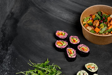 Vegetarian food with ingredients, close up top view. Overhead horizontal photo. Organic health vegetarian recipe. 