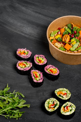 Vegetarian salad with ingredients, close up top view. Overhead vertical photo. Organic health vegetarian recipe. 