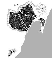 vector historical map of the city center of Barcelona, Spain