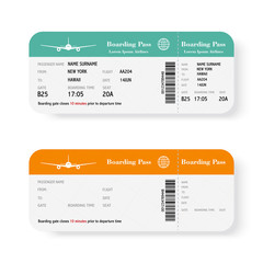 Set of the airline boarding pass tickets with shadow. Isolated on white background. Vector illustration.