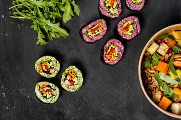 Vegetarian salad granola with ingredients, close up top view. Overhead horizontal photo. Organic health vegetarian recipe. 