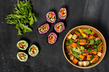 Cooking vegetarian salad with ingredients, close up top view. Overhead horizontal photo. Organic health vegetarian recipe. 