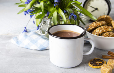 Cocoa mug cookie breakfast  morning flowers spring
