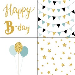Set of Birthday party cards and seamless pattern backgrounds.