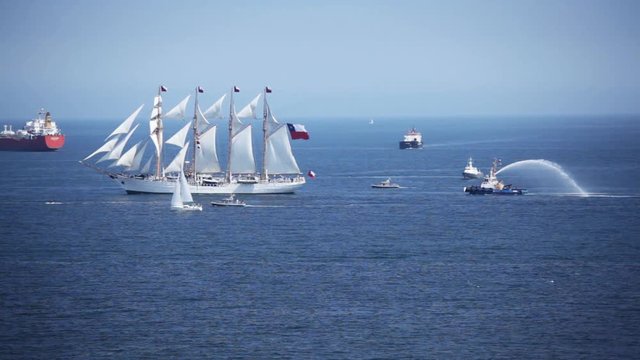 Old Chilean national training ship "Esmeralda", arriving at Valparaiso, Chile