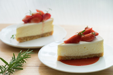 Strawberry cheese cake on wood table,Strawberry cake dessert.