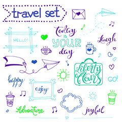 Collection of cartoon elements. Vector hand drawn set of objects:banner, word, figure, frame, heart, quote. Doodle sketch style.Hand drawn. Isolated. Outlines. Colorful