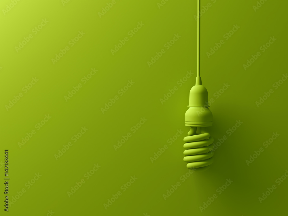 Poster green eco energy saving compact fluorescent light bulb hanging isolated on green background with sha