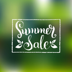 Handwritten Summer Sale vector illustration on blurred background for poster or banner.