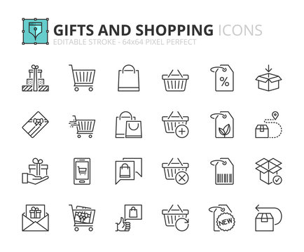 Outline icons about gifts and shopping