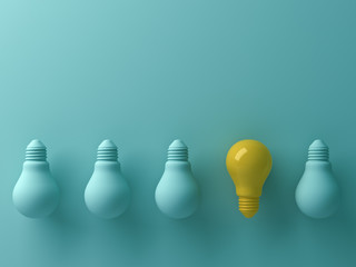Think different concept , One yellow light bulb standing out from the unlit green incandescent lightbulbs with reflection and shadow , leadership and different creative idea concept. 3D rendering.
