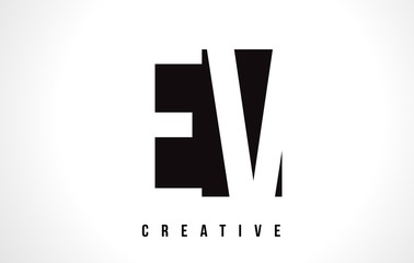 EV E V White Letter Logo Design with Black Square.