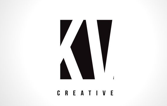 KV K V White Letter Logo Design with Black Square.