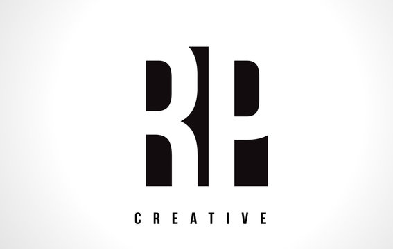RP R P White Letter Logo Design with Black Square.