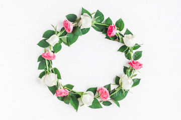 Flowers composition. Frame made of fresh rose flowers. Flat lay, top view