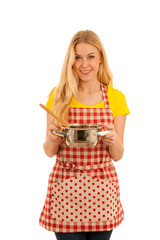 young blond woman cooking isolated over white background
