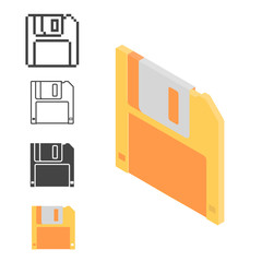 Set retro floppy disk isometric, line and pixel icon