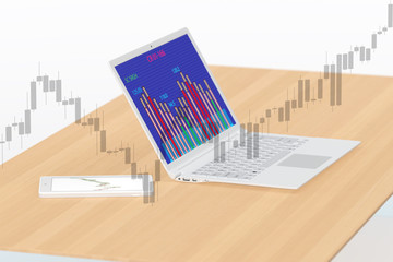 Stock chart on the background of the laptop and tablet PC in 3D illustration