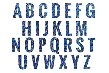Abc blue jeans texture Alphabet letters isolated on white background. Design - element.