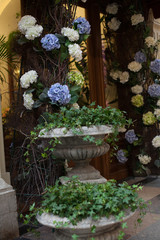 Fototapeta na wymiar entrance decorated with flowers blue white spring