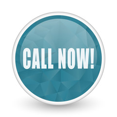 Call now brillant crystal design round blue web icon.