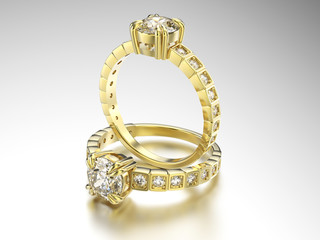3D illustration two gold rings with diamonds