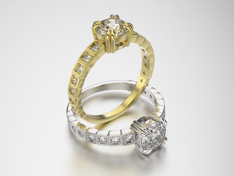 3D illustration two gold and silver rings with diamonds