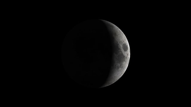 Realistic animation of the Moon showing its various phases, as light hits the surface. Black background. Seamlessly loopable animation. Moon texture is public domain provided by NASA.